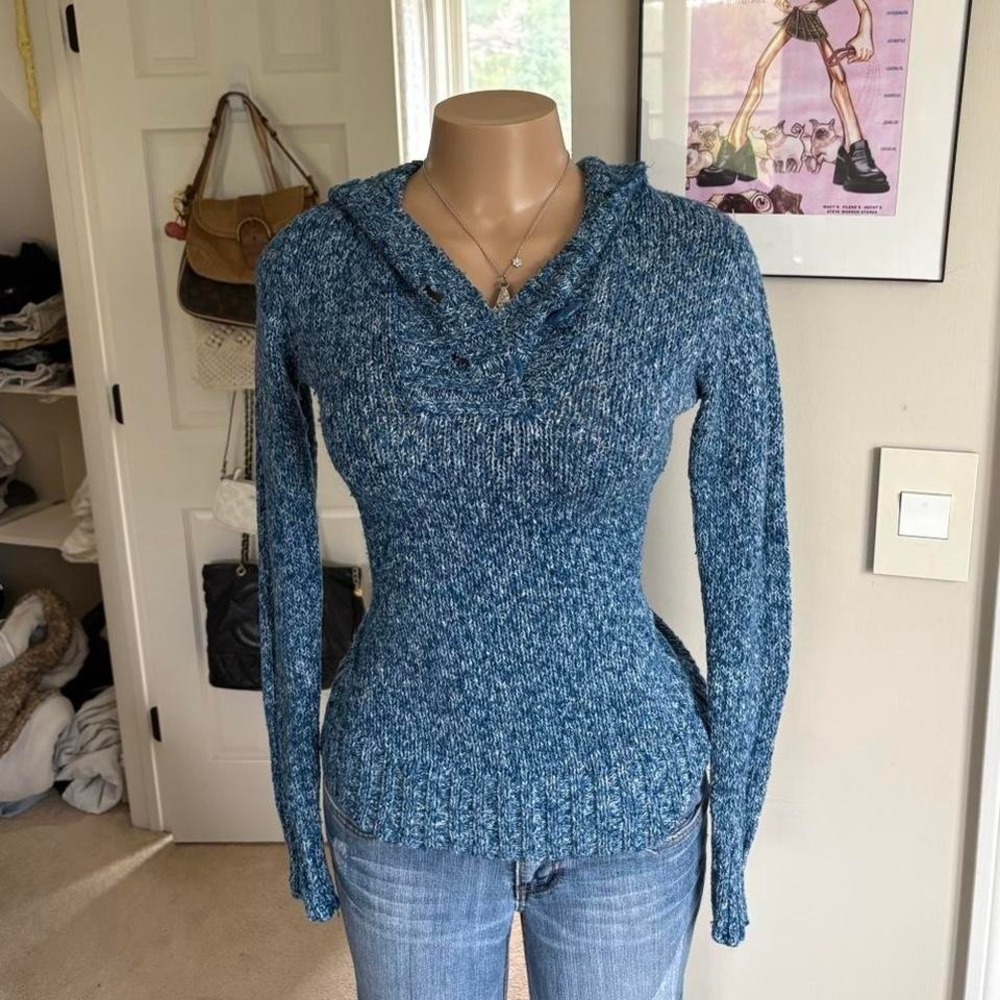 y2k 2000s blue marled knit hooded sweater